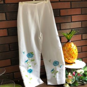 white Dressy Pants with embro. flowers size M